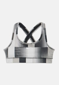 Svart og hvit sports-bh med rutemønster. Har kryssede stropper, en tettsittende design, og Nike-logo. Laget av elastisk stoff.