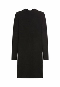 Schwarzes Strickkleid mit strukturiertem Finish, V-Ausschnitt und langen Ärmeln, das bis zur Mitte des Oberschenkels reicht, minimalistisches Design ohne sichtbare Muster.
