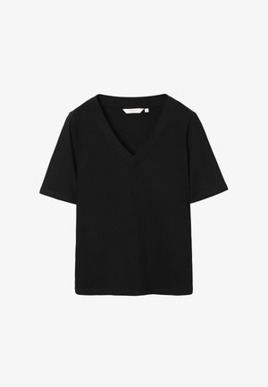 Tricou negru cu mâneci scurte și decolteu în V, cu o etichetă mică albă în interiorul gulerului, prezentat pe un fundal alb.