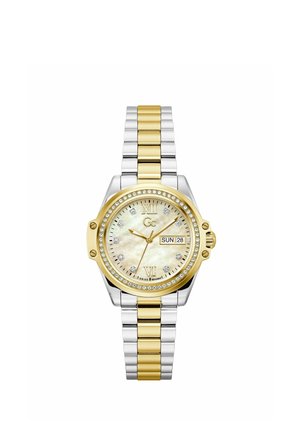Two-tone gold and silver wristwatch with a mother-of-pearl face, diamond hour markers, Roman numerals, and a day-date display at 3 o'clock.
