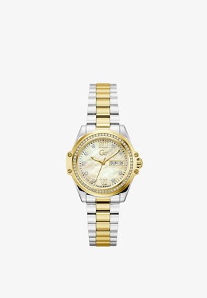 Two-tone gold and silver wristwatch with a mother-of-pearl face, diamond hour markers, Roman numerals, and a day-date display at 3 o'clock.