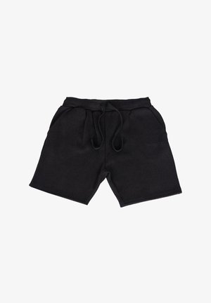 Schwarze Baumwollshorts mit einem Kordelzugbund, Seitentaschen und einer strukturierten Oberfläche. Keine Muster oder Grafiken sichtbar.