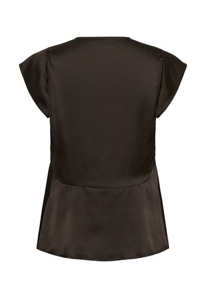 Blouse en satin marron foncé avec des manches courtes, un col arrondi et une coupe décontractée. Présente une texture lisse et une silhouette fluide.