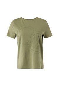 Olijfgroene t-shirt met korte mouwen, gemaakt van zachte katoen, met een groot, omrand grafisch ontwerp op de voorkant.