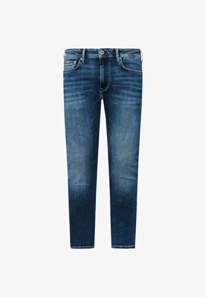 Jeans di denim blu con effetto sbiadito, design a cinque tasche, chiusura con bottoni e passanti per cintura, mostrati su uno sfondo bianco.