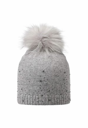 Lichtgrijze gebreide wintermuts met kleine zwarte kraaltjes en een grote, pluizige pompon bovenop.