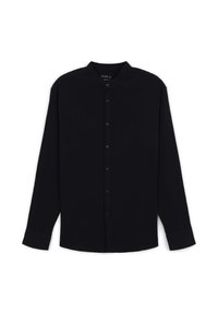Camicia nera a maniche lunghe con colletto alla cinese, realizzata in un tessuto liscio, caratterizzata da una sottile texture e bottoni neri.