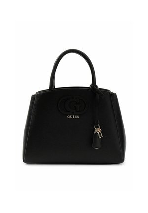 Zwarte leren Guess handtas met dubbele handvatten, gegraveerd logo en decoratieve hanger met twee kleine sleutels die aan de voorkant hangen.