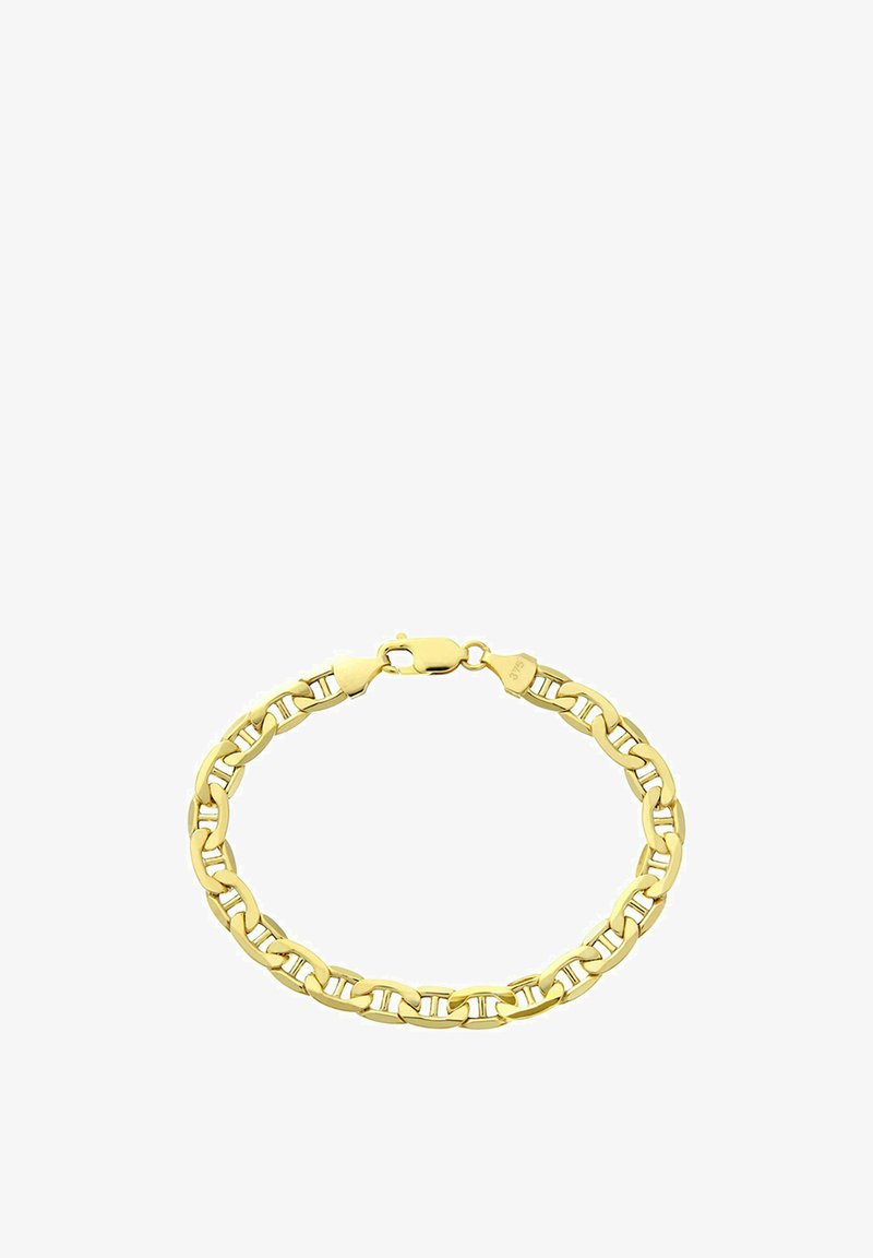 Gold-kettenarmband mit ineinandergreifenden Gliedern, ausgestattet mit einem sicheren Verschluss. Glatte Textur und polierte Oberfläche, entworfen für Langlebigkeit.