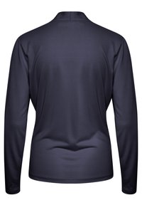 Mörkblå skjorta med lång ärm och krage, sedd bakifrån, med enfärgad tyg och skräddarsydd passform.