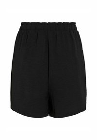 Pantaloni corti neri con cintura elastica, realizzati in tessuto leggero. Presentano una vestibilità ampia e una superficie liscia e texture.