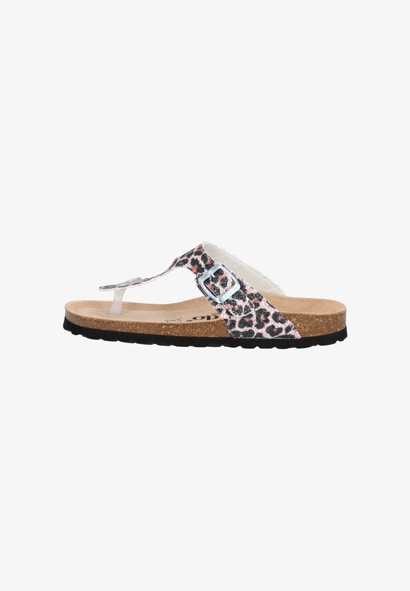 Leopardmønstret flip-flop sandal med en korksål, gennemsigtig båndrem, metallic spænde og sort gummisål.