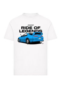 White t-shirt featuring a blue sports car graphic. Text reads "RIDE OF LEGENDS" in bold black font. Simple, modern design.