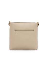 Krémová kožená crossbody taška s texturovaným povrchem, která má přední kapsu se zipem a nastavitelné rameno. Hladký, minimalistický design.