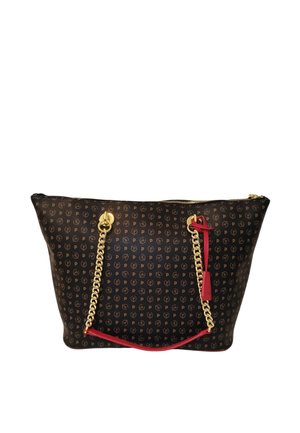Borsa tote marrone scuro con motivo ripetuto del piccolo logo "P", manici a catena dorata con dettagli in pelle rossa e chiusura superiore con cerniera.