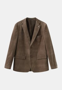 Blazer en velours côtelé marron avec un revers cranté, deux poches avant, une poche poitrine, des fermetures à bouton et une doublure intérieure lisse.