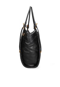 Sac à main en cuir noir avec une texture douce et moelleuse. Le design comprend deux longues poignées et des accents en métal doré.