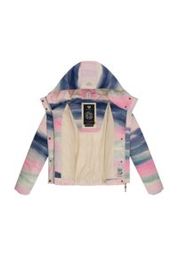 Veste imperméable colorée avec des rayures pastel en rose, bleu et crème. Comprend une capuche, des boutons-pression et une doublure intérieure douce.