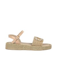 Sandali espadrillas beige con toma intrecciata, cinturino alla caviglia e dettagli decorativi in strass. Suola piatta con accenti dorati testurizzati.