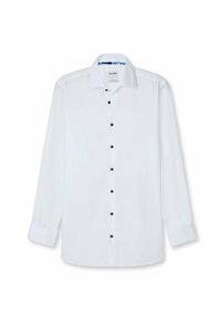 Herren weißes langärmliges Hemd mit dunklen Knöpfen, Kent-Kragen und geknöpften Ärmeln, vor einem weißen Hintergrund präsentiert.