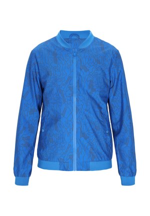 Blauwe bomberjack met een gestructureerd abstract patroon in donkerblauw, met een ritssluiting aan de voorkant, ribgebreide manchetten en een ronde hals.