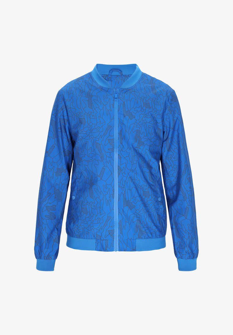 Sötétkék, texturált absztrakt mintával készült kék bomber dzseki, elülső zipzárral, bordás mandzsettákkal és kerek nyakkivágással.