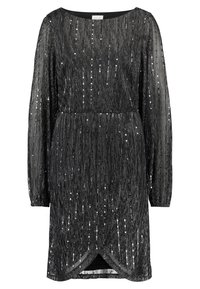 Schwarzes Kleid mit langen Ärmeln, versehen mit vertikalen metallischen Streifen und Pailletten. Rundhalsausschnitt und leicht ausgestellter Saum.