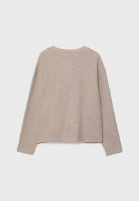 Beige långärmad stickad tröja med rund ribbad halsringning och rak nederkant, visad bakifrån på en vit bakgrund.