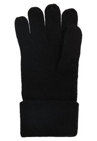 Schwarze gestrickte Handschuhe mit einem gerippten Bündchen, ausgestattet mit fünf Fingern und einer gleichmäßigen Textur. Entworfen für Wärme und Komfort.