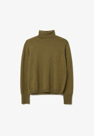 Maglione a collo alto in verde muschio, realizzato in morbido materiale a maglia. Presenta maniche lunghe e dettagli a costina sul colletto e sull'orlo.