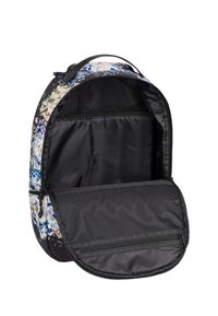 Schwarzer Rucksack mit einem bunten Blumenmuster, der ein großes Hauptfach und eine Reißverschlusstasche aus Netzstoff bietet, aus strapazierfähigem Material gefertigt.