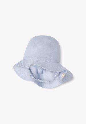 Sombrero de bebé azul claro con ala ancha y tela suave, con banda elástica en el interior para un ajuste seguro.