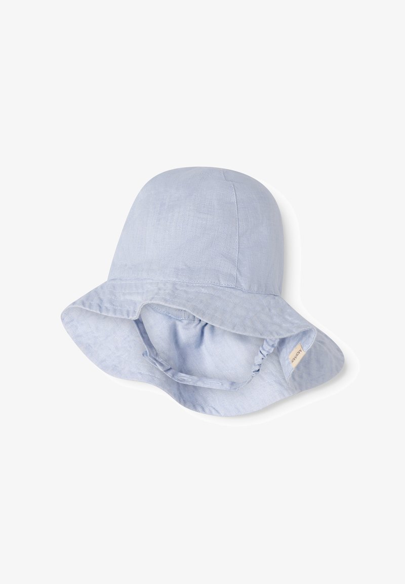 Φωτεινό γαλάζιο καπέλο μωρού με ευρύ γείσο και μαλακό ύφασμα, διαθέτοντας ελαστική ταινία στο εσωτερικό για ασφαλή εφαρμογή.