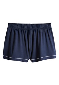 Marineblaue Shorts mit elastischem Bund und weißem Paspel am Saum, aus weichem Stoff für angenehmen Tragekomfort.
