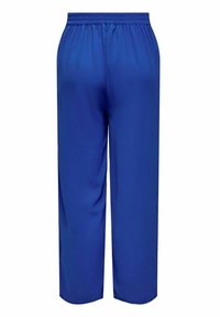 Pantalon bleu à jambes larges avec ceinture élastique, vu de dos, en tissu lisse et fluide, coupe ample.