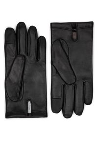 Black leather gloves with five fingers, featuring smooth texture, contrasting stitching, and subtle cutout at the wrist for improved fit.