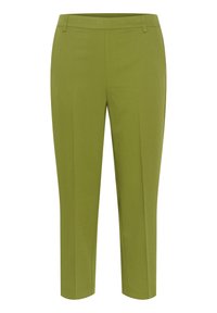 Olijfgroene op maat gemaakte broeken met riemlussen, rechte pijpen en persvouwen.