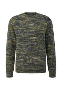 Sweter dziergany z okrągłym dekoltem, wykonany z tkaniny o fakturze w odcieniach niebieskiego i zielonego z melanżowym wzorem. Długie rękawy.