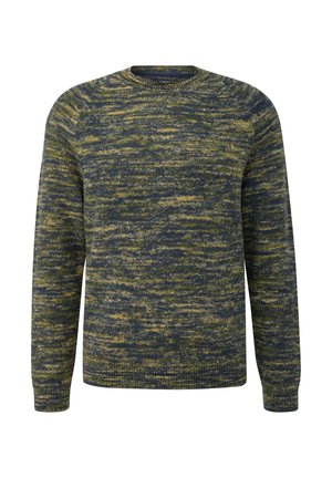 Gebreide trui met een ronde hals, gemaakt van een gestructureerde stof in tinten blauw en groen met een gemêleerd patroon. Lange mouwen.