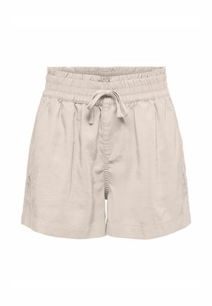 Beżowe casualowe szorty z elastycznym pasem i sznurkiem, posiadające boczne kieszenie i luźny krój.