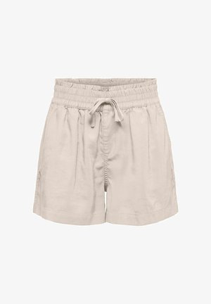 Beżowe casualowe szorty z elastycznym pasem i sznurkiem, posiadające boczne kieszenie i luźny krój.
