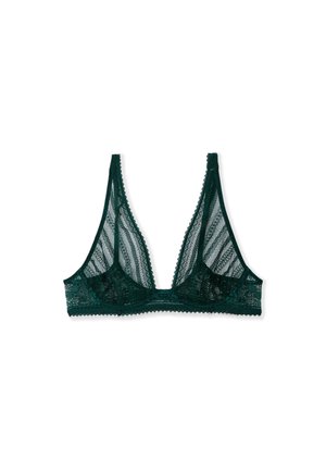 Dunkelgrüner Spitzen-Bralette mit dreieckiger Form, transparenter Textur, gewellten Rändern und verstellbaren Trägern, verziert mit einem floralen Muster.
