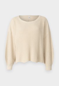 Beige gestrickter Pullover mit rundem Halsausschnitt, überschnittenen Schultern und gerippten Bündchen. Die Struktur ist grob und hat eine lockere, verkürzte Passform.