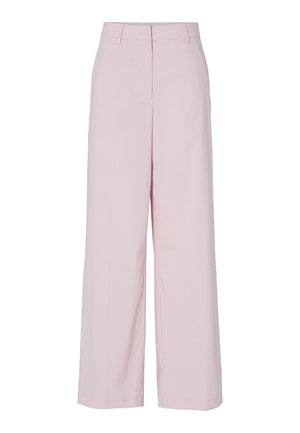 Pantalones anchos color rosa claro con trabillas para cinturón, cierre frontal con botón y cremallera, exhibidos sobre un fondo blanco.