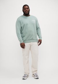 Lys grøn sweatshirt med ribbede manchetter og kant, prydet med "Club 1999" trykt i hvid. Båret med beige bukser og grå sneakers.