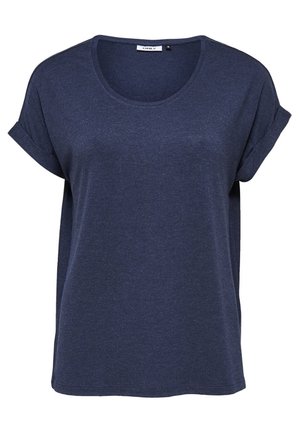 T-shirt bleu marine à manches courtes avec revers roulés et encolure ronde, design épuré et étiquette visible à l'intérieur du col.