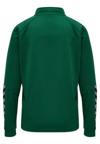 Groene sportieve lange mouwen shirt met textuur, hoge kraag en zwart-grijze gestreepte accenten op de mouwen.