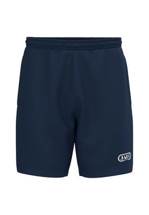 Mørkeblå sportsshorts med elastisk taljebånd og sidelommer, med en lille hvid Jako Sport-logo på nederste venstre ben.