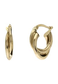 Gouden hoepeloorbellen met een gedraaide design en een glanzend oppervlak. De oorbellen hebben een veilige scharnier sluiting.