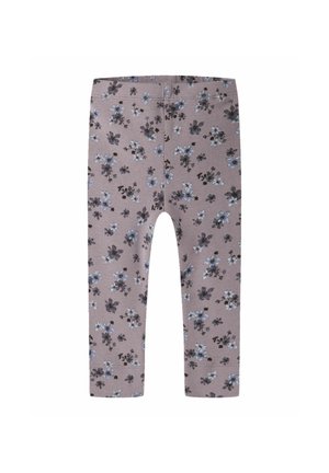 Leggings mauve pour enfant avec une taille élastique, couverts de petites fleurs bleues et noires.